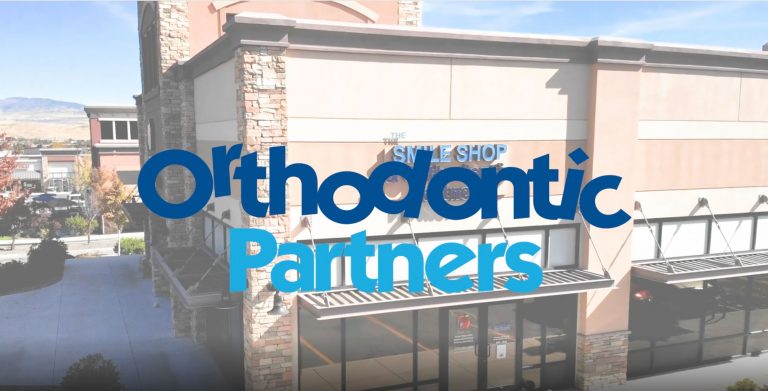 front view of the Orthodontic Partners office building with large blue text overlay reading 'Orthodontic Partners,' representing a welcoming orthodontic practice in Northern Nevada specializing in braces and Invisalign for all ages.
